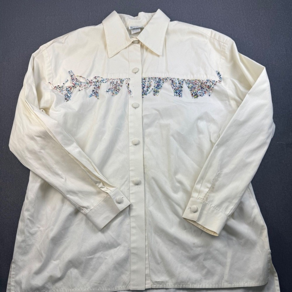 Vintage Hairston Roberson Cream Beaded‎ Fringe Button Down Shirt - USA Made